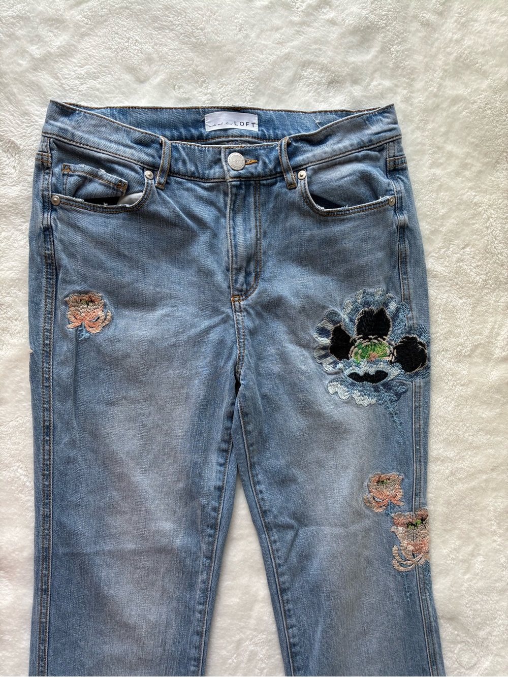 LOFT Blue Straight-Leg Jeans with Floral Embroidery